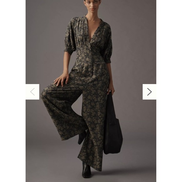 Anthropologie Pants - Anthropologie Size-M Women's Jumpsuit Linen Blend Floral Puff Sleeve